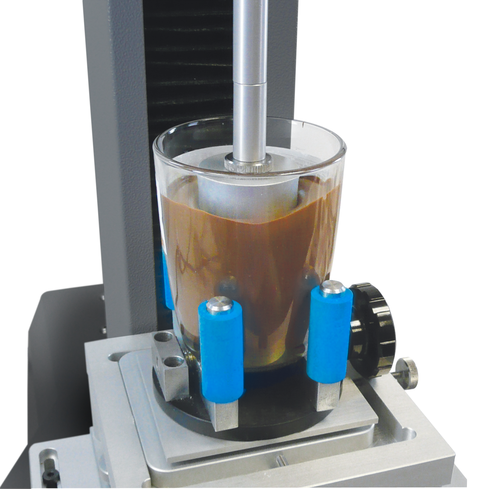 Chocolate spread consistency being tested with a back extrusion texture analysis probe