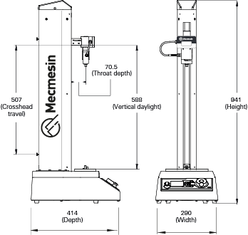 OmniTest texture analyzer dimensioned diagram